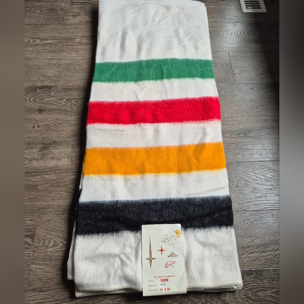 Vintage HBC Stripes Style Trappers Wool Blanket King Size Cream New Rare
